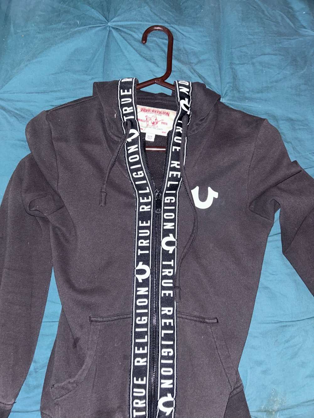 True Religion Black Zip-Up Hoodie with Repeat Logo Tape